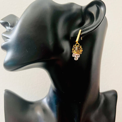 Gold-Toned Crown and Gothic Skull Dangle Earrings