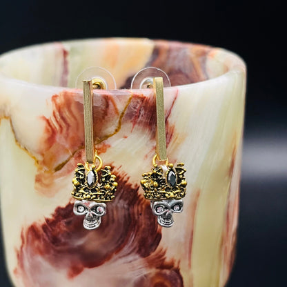 Gold-Toned Crown and Gothic Skull Dangle Earrings