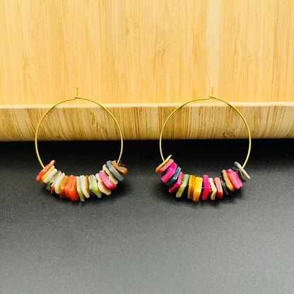 14K Gold Plated Boho Hoop Earrings with Colorful Sea Shell Charms, Bohemian Style Lightweight Beach Jewelry