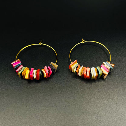 14K Gold Plated Boho Hoop Earrings with Colorful Sea Shell Charms, Bohemian Style Lightweight Beach Jewelry