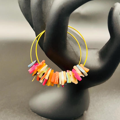 14K Gold Plated Boho Hoop Earrings with Colorful Sea Shell Charms, Bohemian Style Lightweight Beach Jewelry