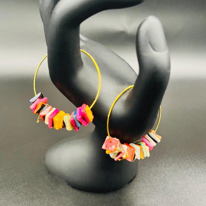 14K Gold Plated Boho Hoop Earrings with Colorful Sea Shell Charms, Bohemian Style Lightweight Beach Jewelry