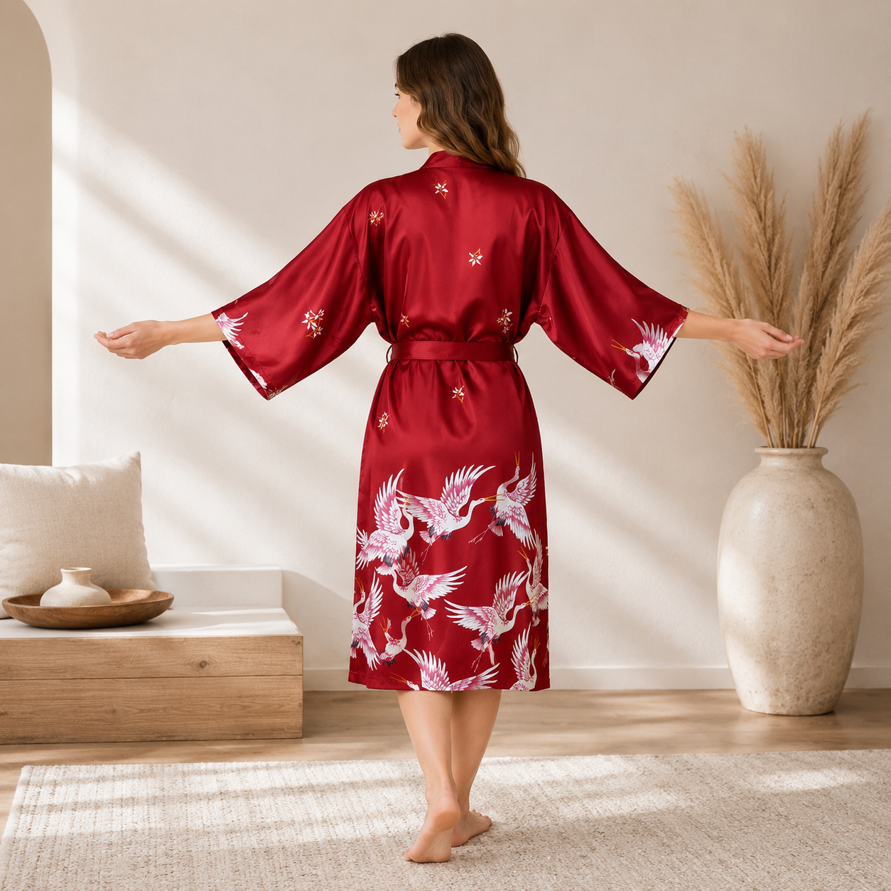 A woman stands barefoot indoors wearing a satin-like red kimono robe with white crane and floral embroidery. The robe has wide sleeves and a self-tie waist.