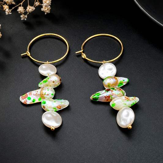Gold Hoop Earrings with Freshwater Pearls & Speckled Shell Beads – Coastal Statement Dangle Earrings