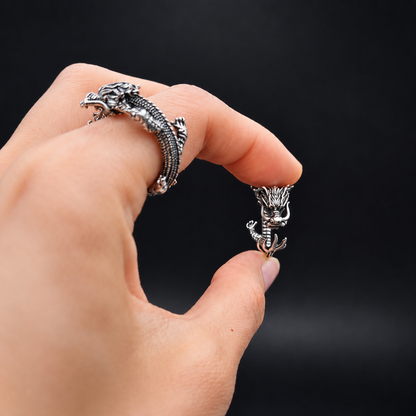 A hand wearing a large silver dragon ring on one finger while holding a smaller matching silver dragon ring between the thumb and index finger against a dark background.