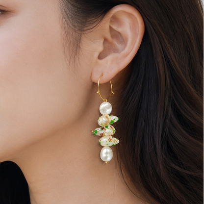 Gold Hoop Dangle Earrings with Freshwater Pearls & Speckled Shell Beads – Coastal Statement Jewelry