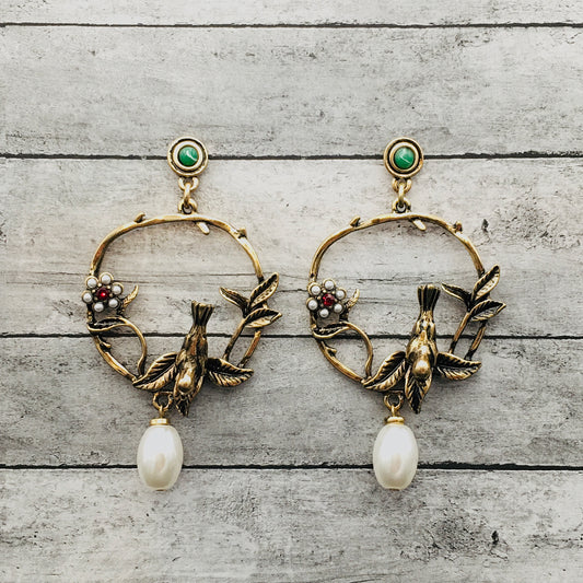 Victorian Gold Antique Baroque Bird Pearl Earrings - Bohemian Retro Statement Jewelry | Gift for Bride, Anniversary, and for Her