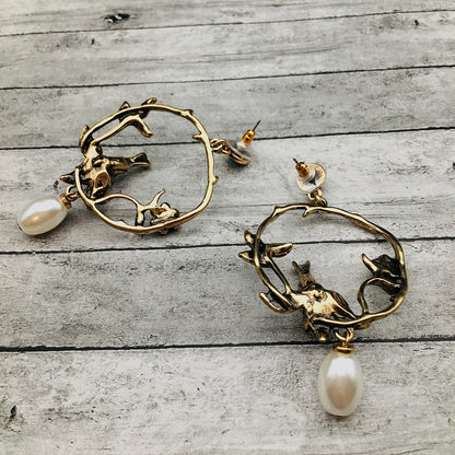 Victorian Gold Antique Baroque Bird Pearl Earrings - Bohemian Retro Statement Jewelry