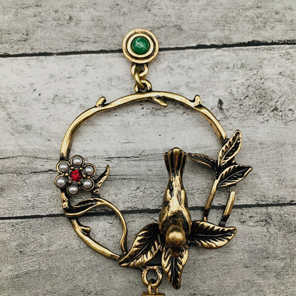 Victorian Gold Antique Baroque Bird Pearl Earrings - Bohemian Retro Statement Jewelry