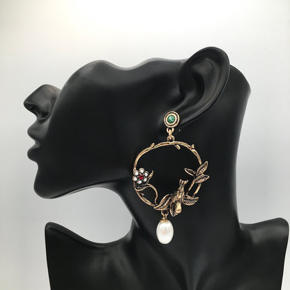 Victorian Gold Antique Baroque Bird Pearl Earrings - Bohemian Retro Statement Jewelry