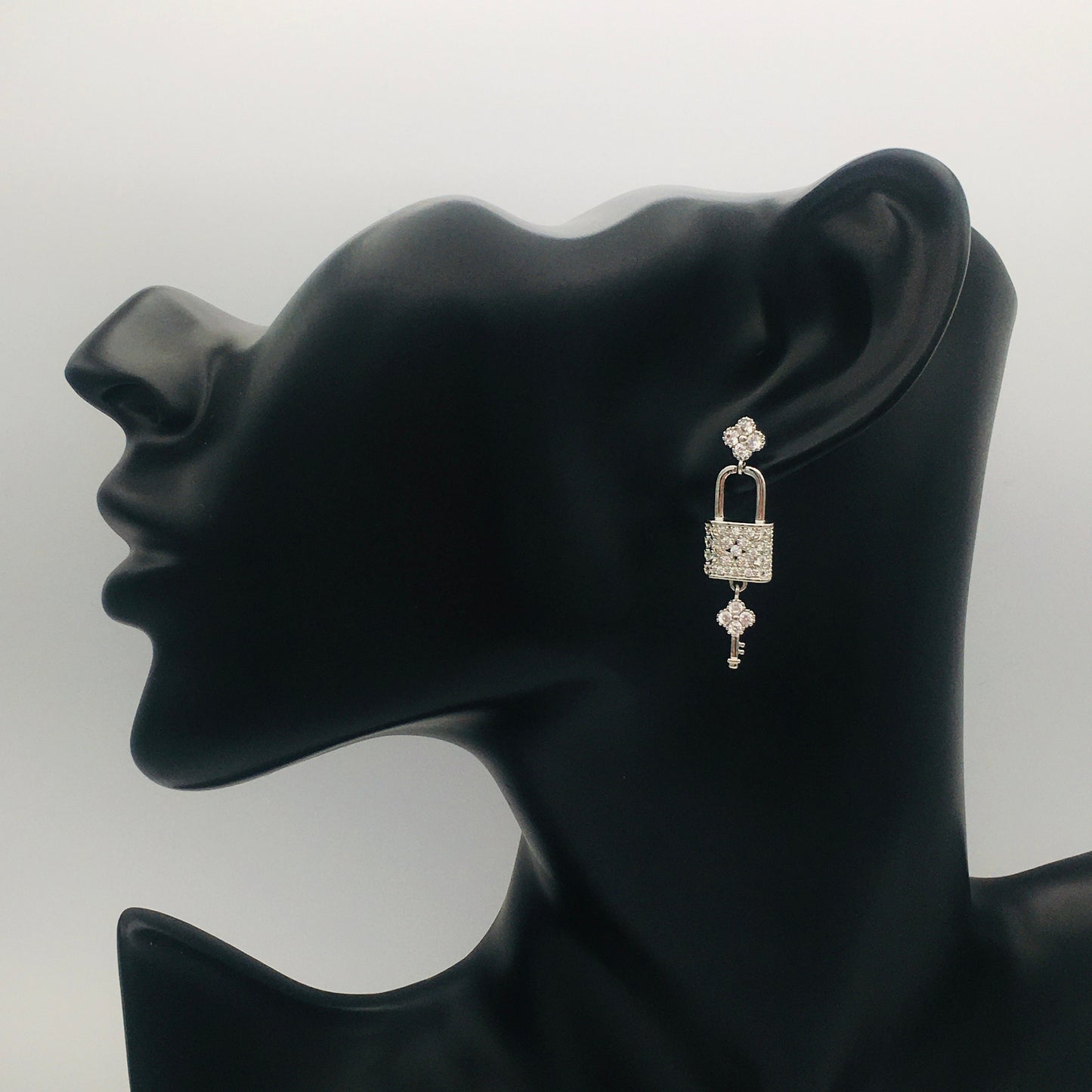 Lock Key Love Earrings Silver with Diamond CZ/Love Knot Earrings/ Love Earrings / Pad Lock and Key Earrings/ Keys to my Heart