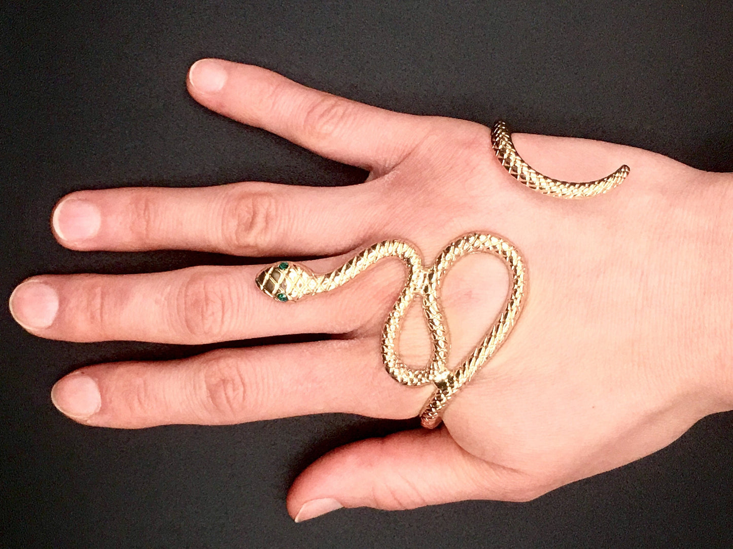 Snake Bracelet with Emerald Eyes - Serpent Palm Cuff | Gold Victorian Cuff Bracelet | Gothic, Vintage, Silver Bracelet