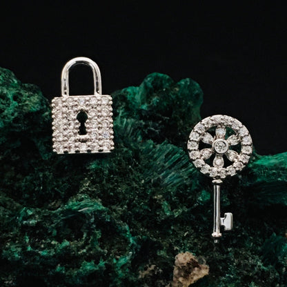Asymmetric Lock and Key Stud Earrings with Sparkling Diamonds | Unique Statement Jewelry