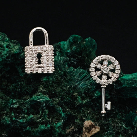 Lock Key Love Earrings / Diamond Lock Studs / Asymmetric Earrings / Minimalist Earrings/ Gift for Her