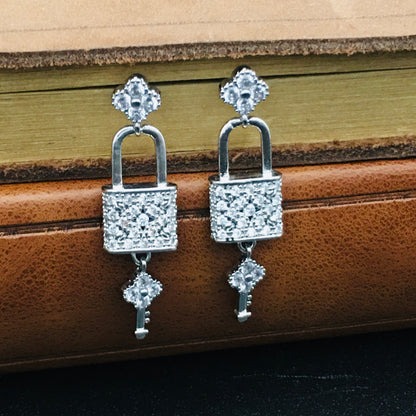 Silver Lock and Key Love Earrings with Diamond CZ | Love Knot Earrings | Padlock and Key "Keys to My Heart" Jewelry