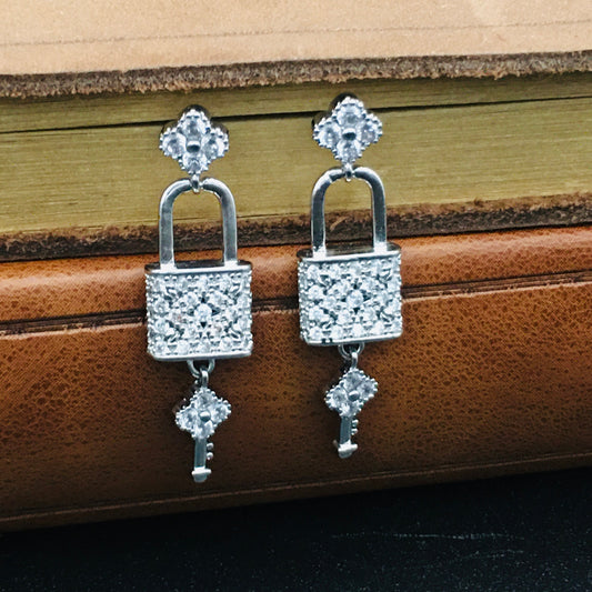 Lock Key Love Earrings Silver with Diamond CZ/Love Knot Earrings/ Love Earrings / Pad Lock and Key Earrings/ Keys to my Heart