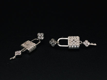 Silver Lock and Key Love Earrings with Diamond CZ | Love Knot Earrings | Padlock and Key "Keys to My Heart" Jewelry