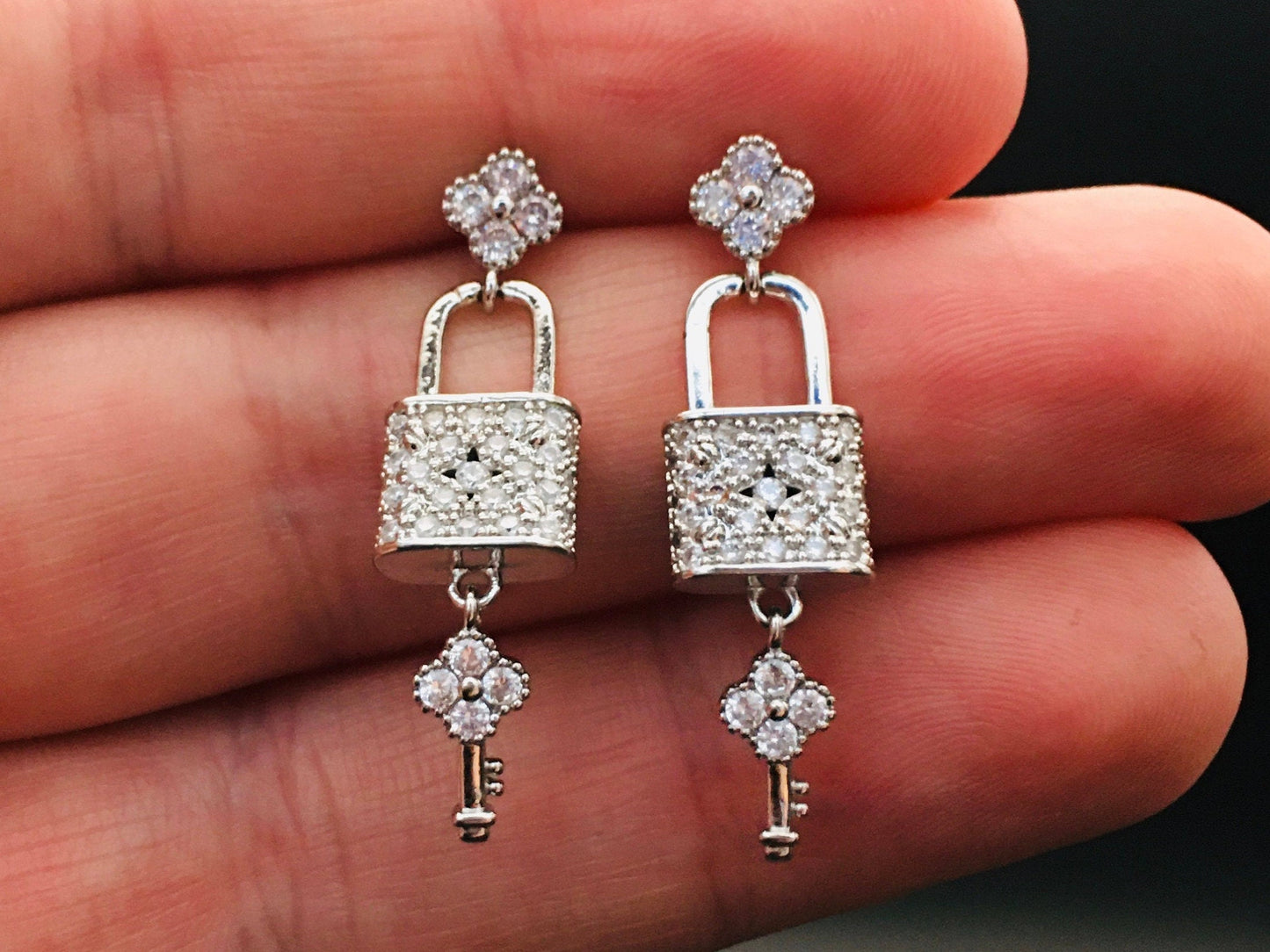 Lock Key Love Earrings Silver with Diamond CZ/Love Knot Earrings/ Love Earrings / Pad Lock and Key Earrings/ Keys to my Heart