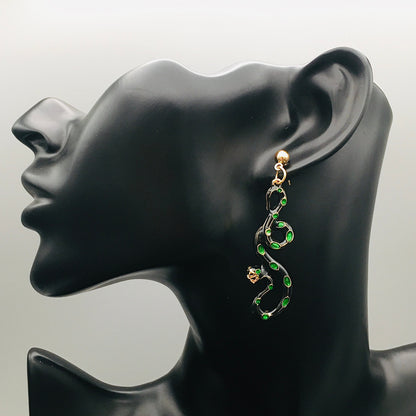 Asymmetric Victorian Snake Earrings | Black and Gold with Emerald Green Crystals Accents |Gothic Art Deco Serpent Jewelry