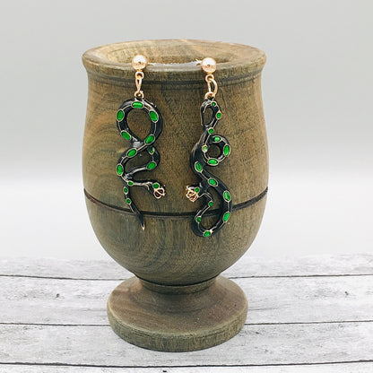 Asymmetric Victorian Snake Earrings | Black and Gold with Emerald Green Crystals Accents |Gothic Art Deco Serpent Jewelry