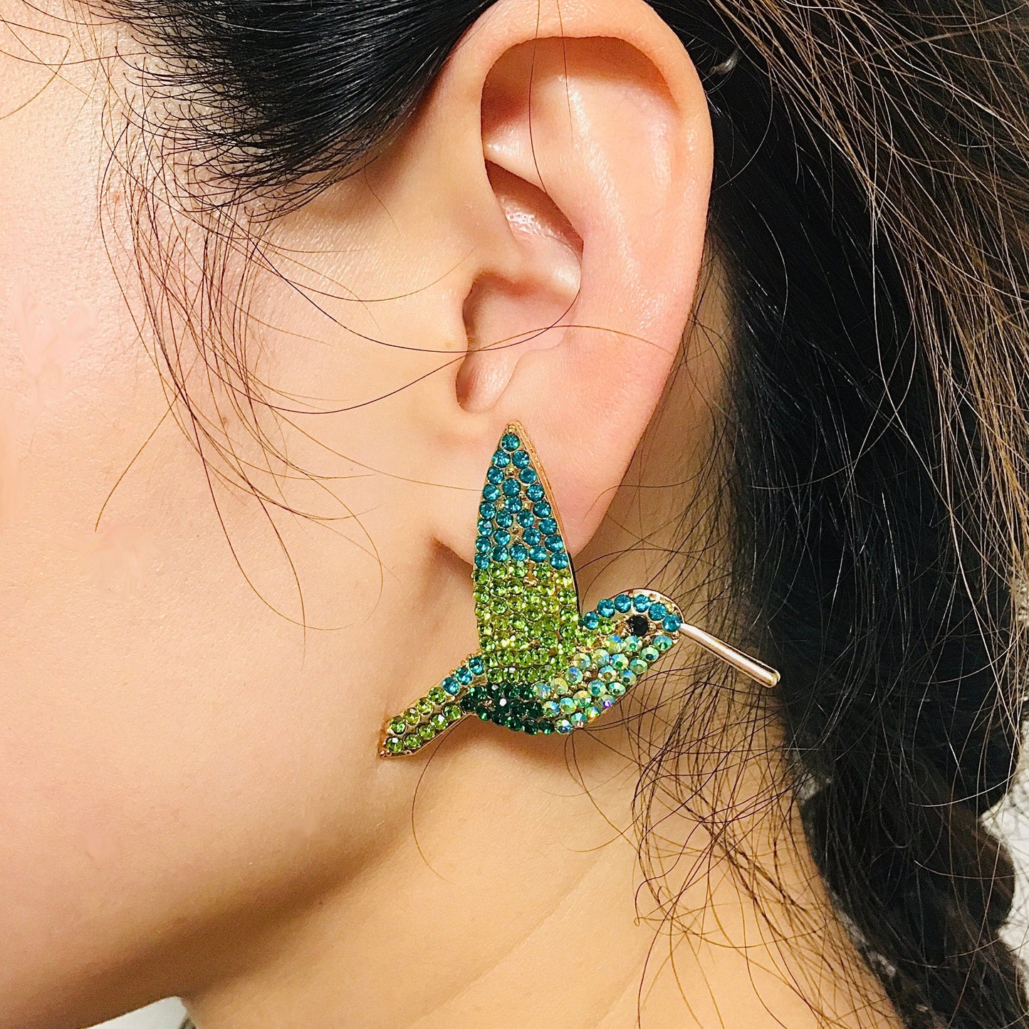 Emerald Green Hummingbird Stud Earrings with Crystal Sapphire Blue Accents | Bohemian Bird Jewelry