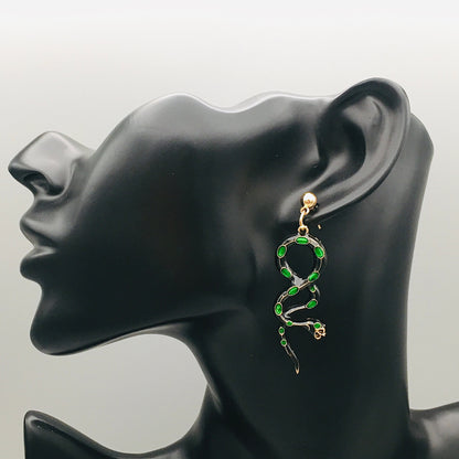 Asymmetric Victorian Snake Earrings | Black and Gold with Emerald Green Crystals Accents |Gothic Art Deco Serpent Jewelry