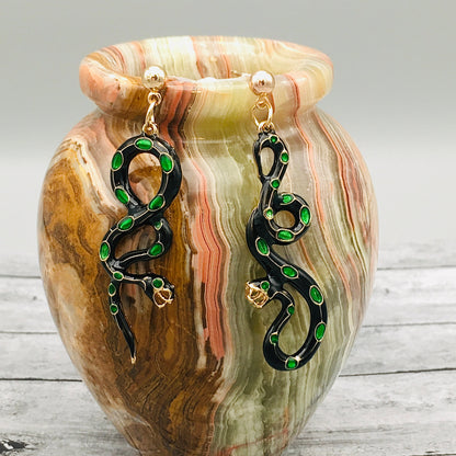 Asymmetric Victorian Snake Earrings | Black and Gold with Emerald Green Crystals Accents |Gothic Art Deco Serpent Jewelry