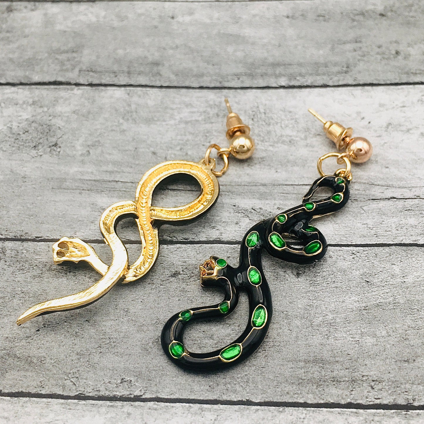 Victorian Snake Earrings - Black and Gold with Emerald Green Crystals / Gothic Art Deco Serpent Dangle Earrings / Mismatched / Asymmetric