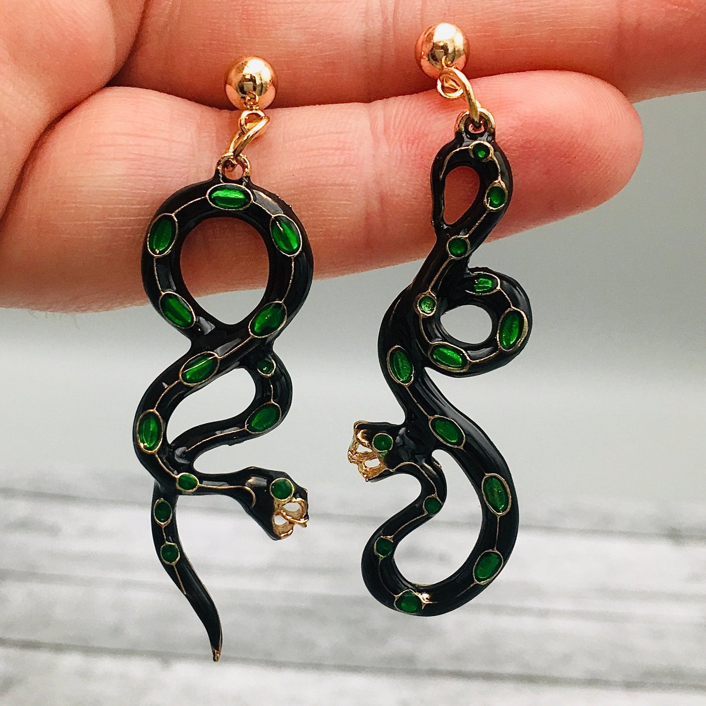 Victorian Snake Earrings - Black and Gold with Emerald Green Crystals