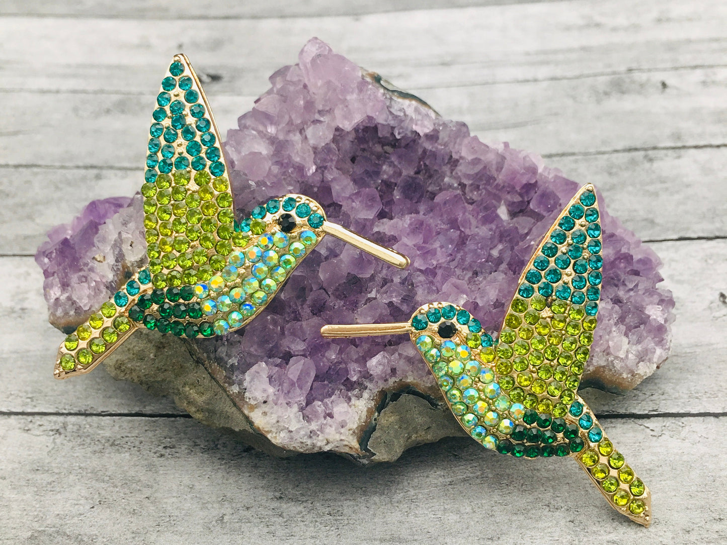 Emerald Green Hummingbird Stud Earrings with Crystal Sapphire Blue Accents | Bohemian Bird Jewelry