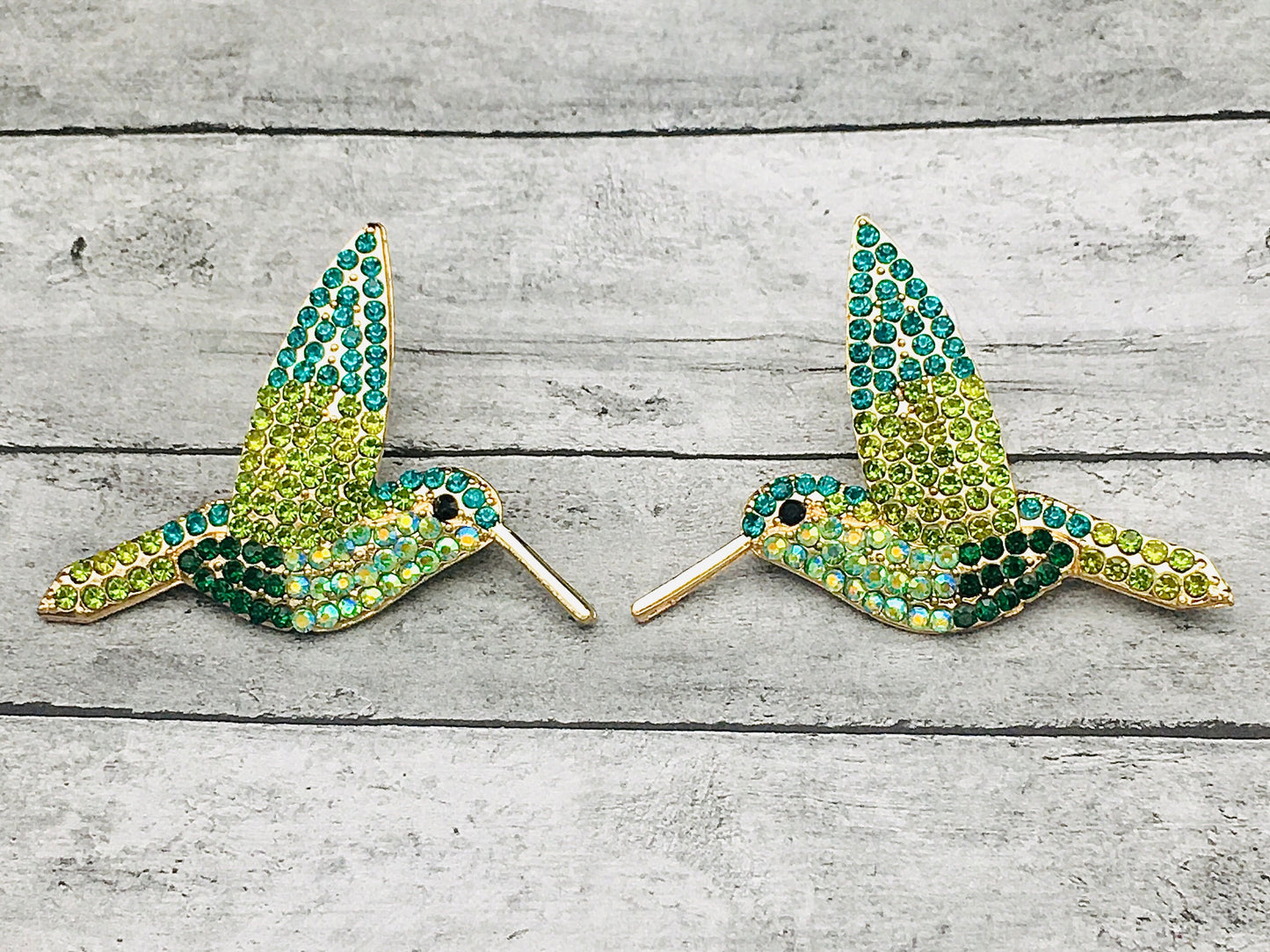 Emerald Green Hummingbird Stud Earrings with Crystal Sapphire Blue Accents | Bohemian Bird Jewelry