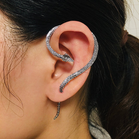 Snake Ear Cuff Studs/ Vintage Viper Snake Stud Silver Earrings Ear Cuff / Adjustable  Left Ear