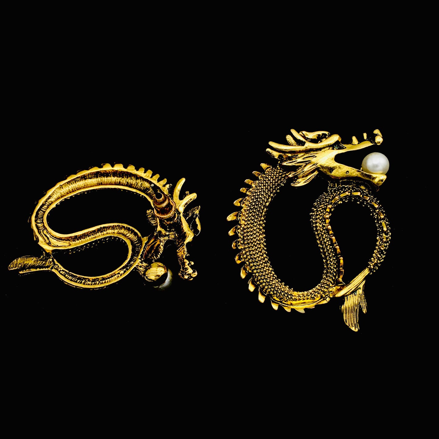 Vintage Gold Gothic Dragon Pearl Hoop Earrings - Serpentine Sea Dragon Studs with Pearls | Lucky Bridal Bridesmaid Jewelry for Men, Women