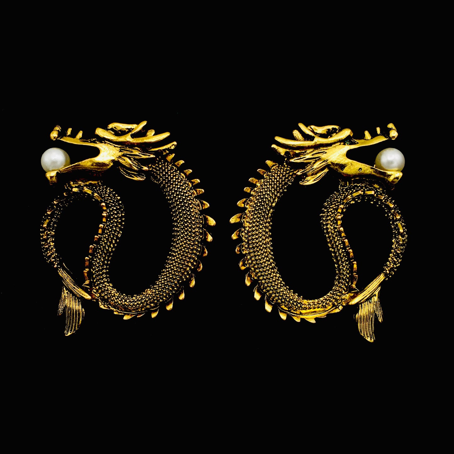 Vintage Gold Gothic Dragon Pearl Hoop Earrings - Serpentine Sea Dragon Studs with Pearls | Lucky Bridal Bridesmaid Jewelry for Men, Women