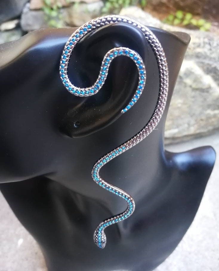 Vintage Silver Blue Snake Ear Wrap / Ear Cuff / Bohemian Serpent EarCuff / Dragon EarWrap / For Left orRight Ear / No Piercing