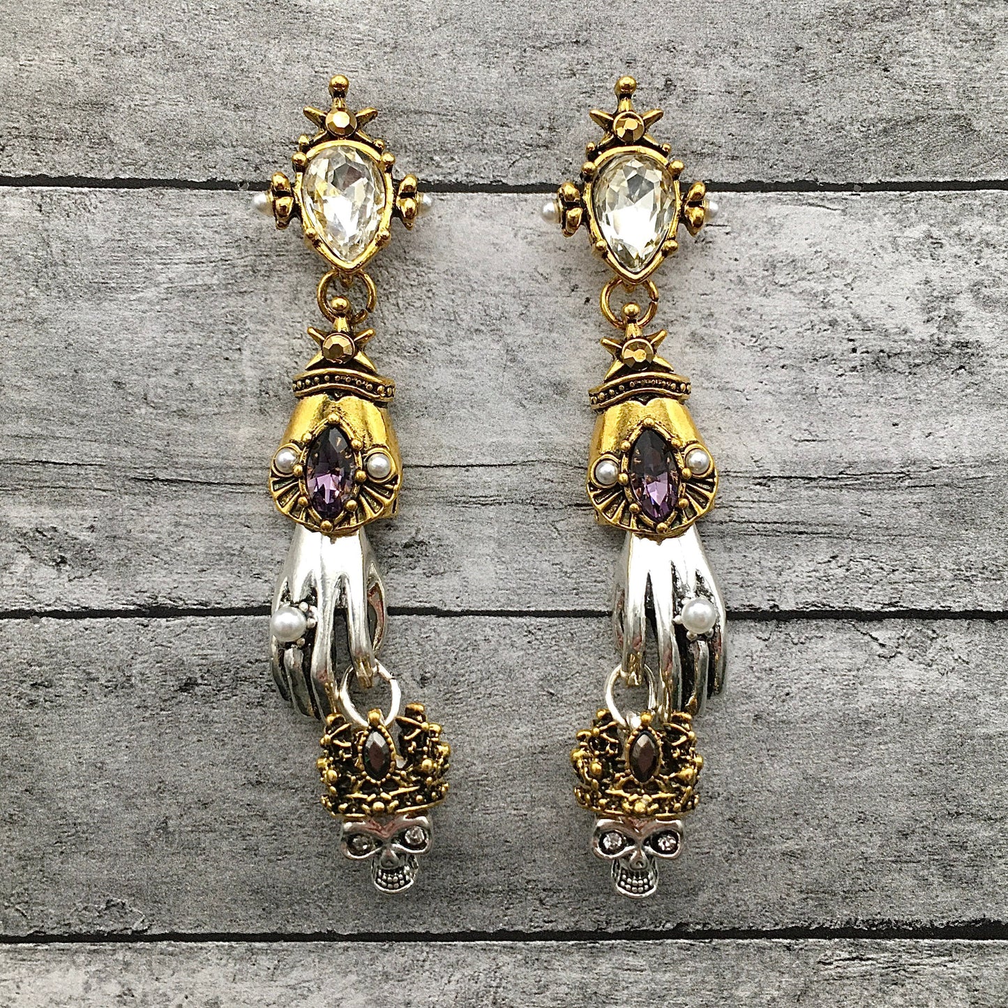 Gothic King Skull Earrings, Victorian Gothic Antique Statement Earrings, Hand of the King Skull Earrings