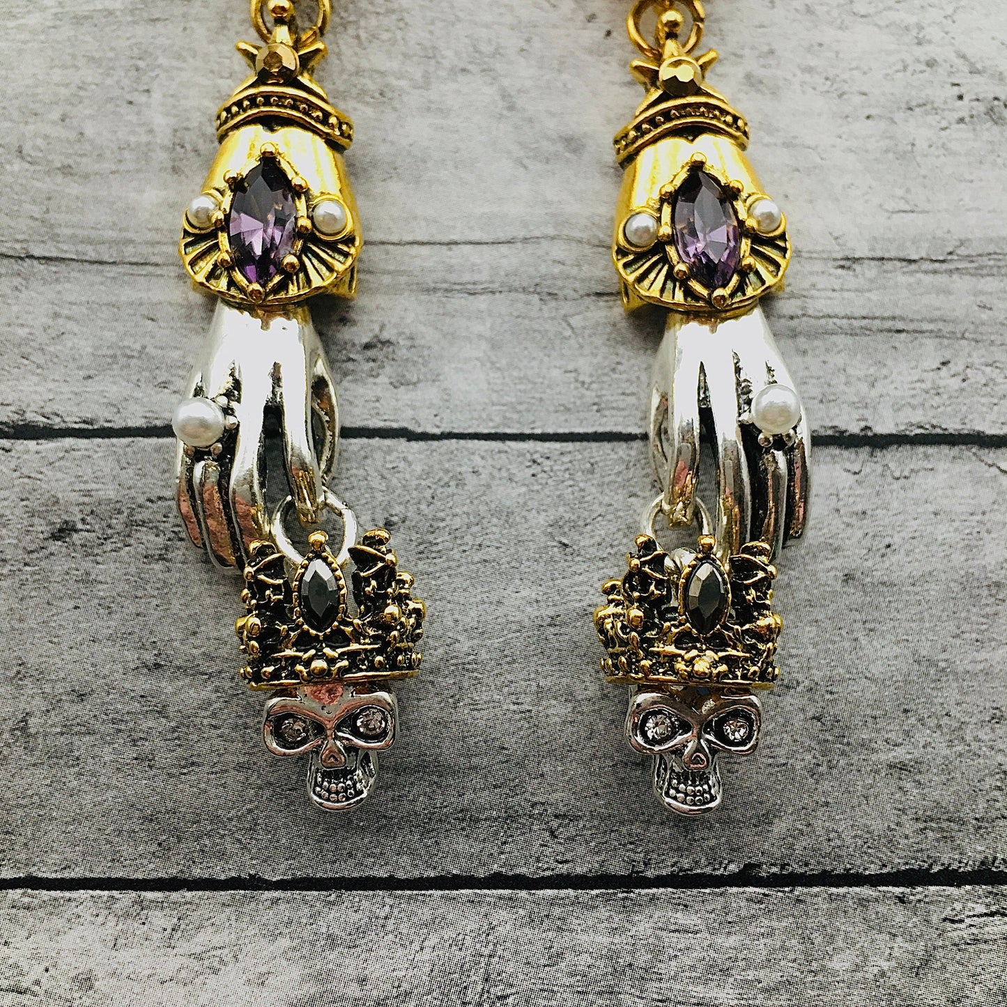 Gothic King Skull Earrings, Victorian Gothic Antique Statement Earrings, Hand of the King Skull Earrings