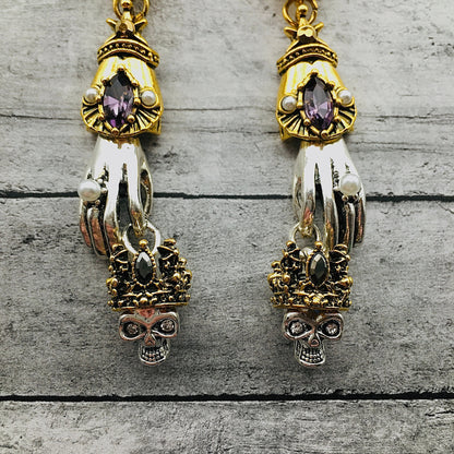 Gothic King Skull Earrings | Victorian Antique Statement Jewelry | Hand of the King Skull Design