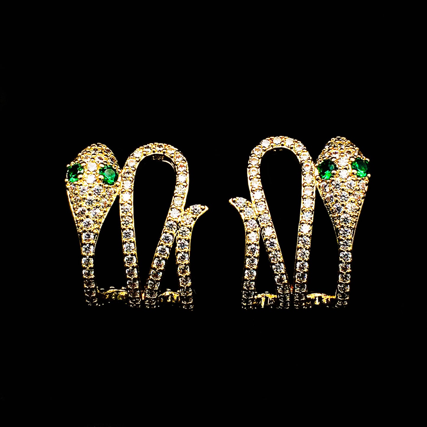 Golden Snake Earrings / Gold Serpent Studs / Emerald Green Crystal Eyes with Clear Crystal Body / Statement Earrings /Bohemian Earrings /