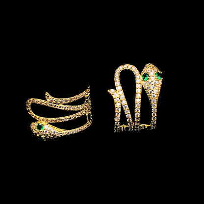 Victorian Golden Snake Stud Earrings | Gothic Aesthetic Serpent Hoops with Emerald Green Crystal Eyes