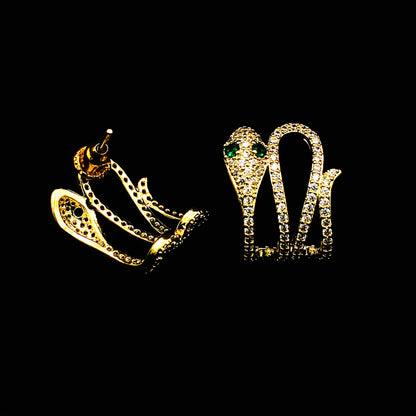 Victorian Golden Snake Stud Earrings | Gothic Aesthetic Serpent Hoops with Emerald Green Crystal Eyes