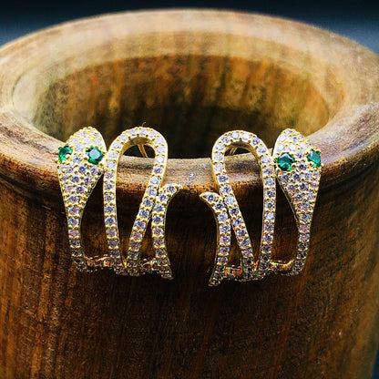 Victorian Golden Snake Stud Earrings | Gothic Aesthetic Serpent Hoops with Emerald Green Crystal Eyes